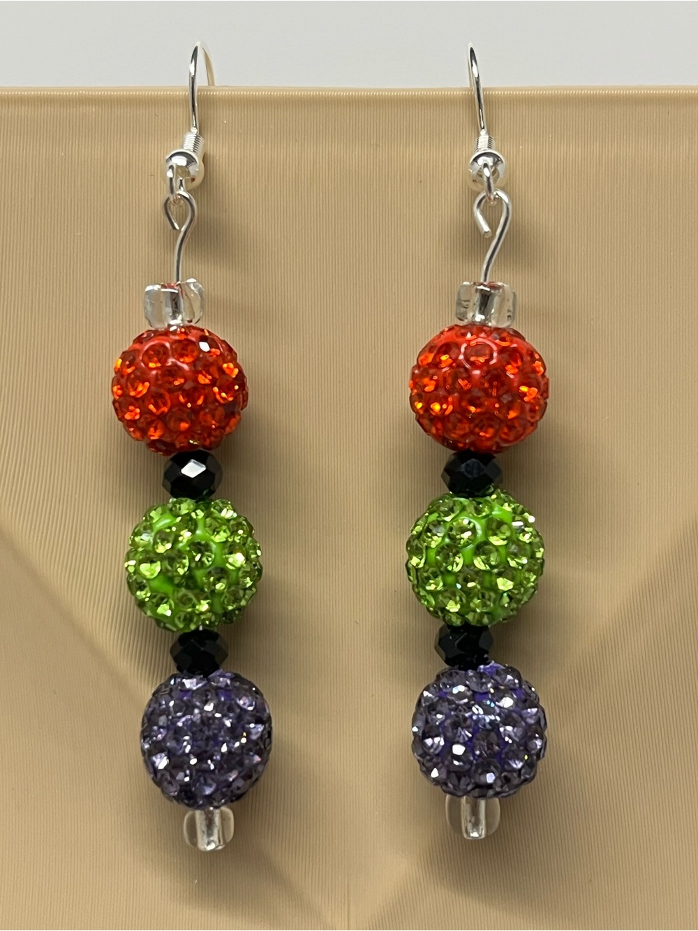 Hand Crafted Orange Green Purple Triple-Bead Drop Earrings